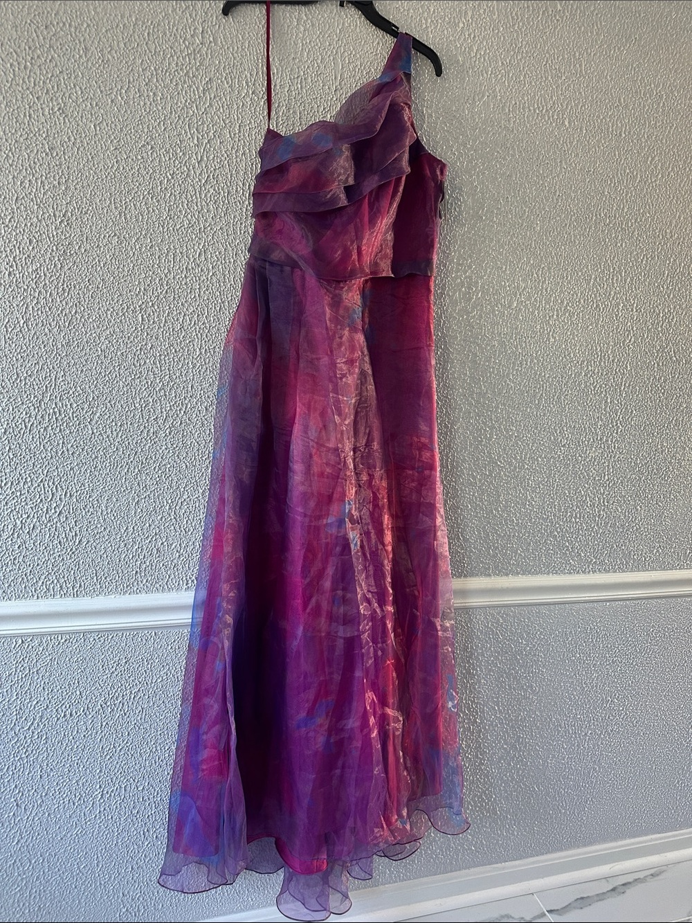Rene Ruiz Collection One-Shoulder A-Line Organza Purple & Pink Evening Gown - Picture 5 of 12
